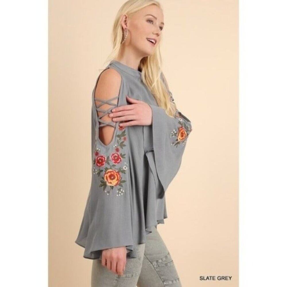 Umgee Slate Bell Sleeve Blouse